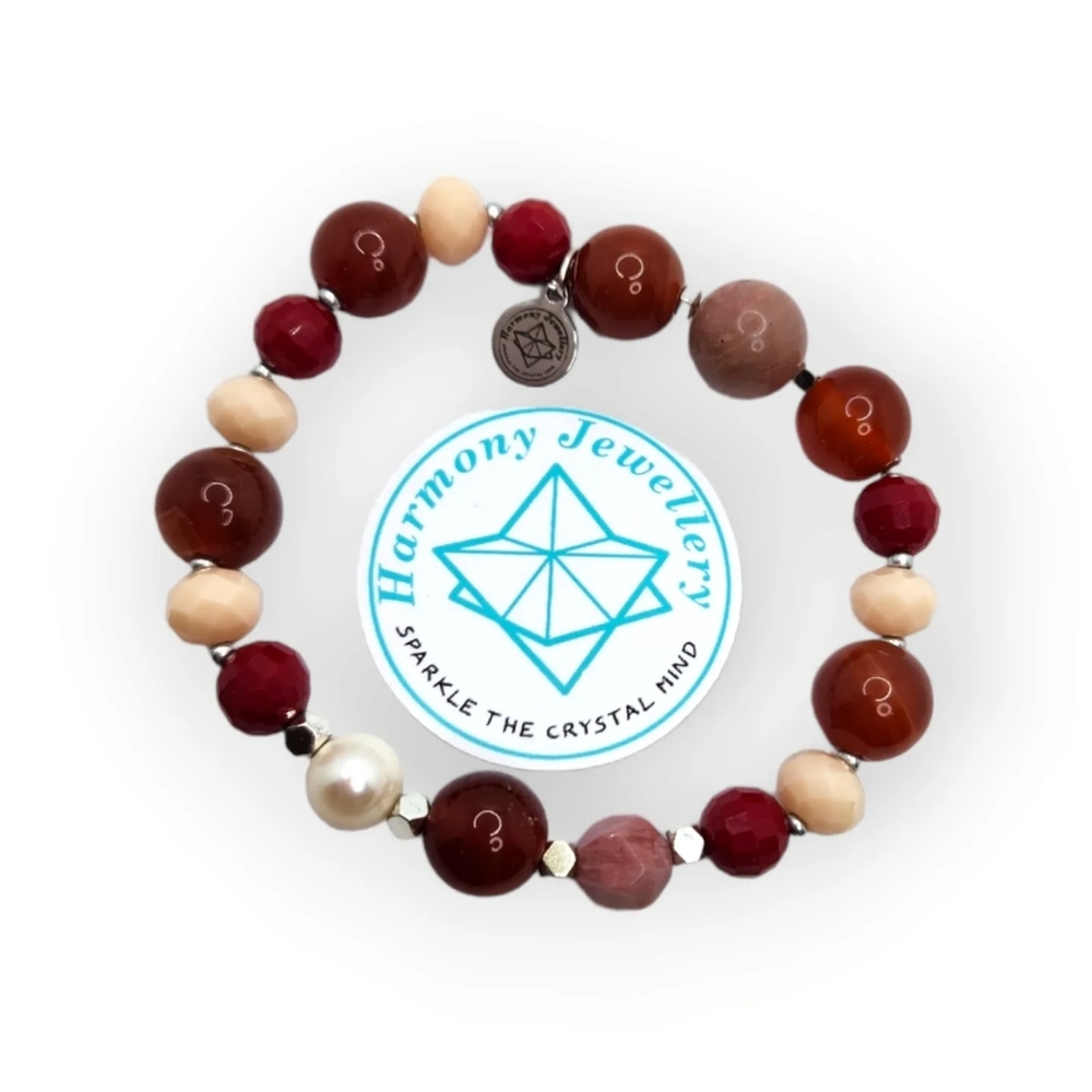 Red Agate, Rhodonite, Czech Glass clasp bracelet